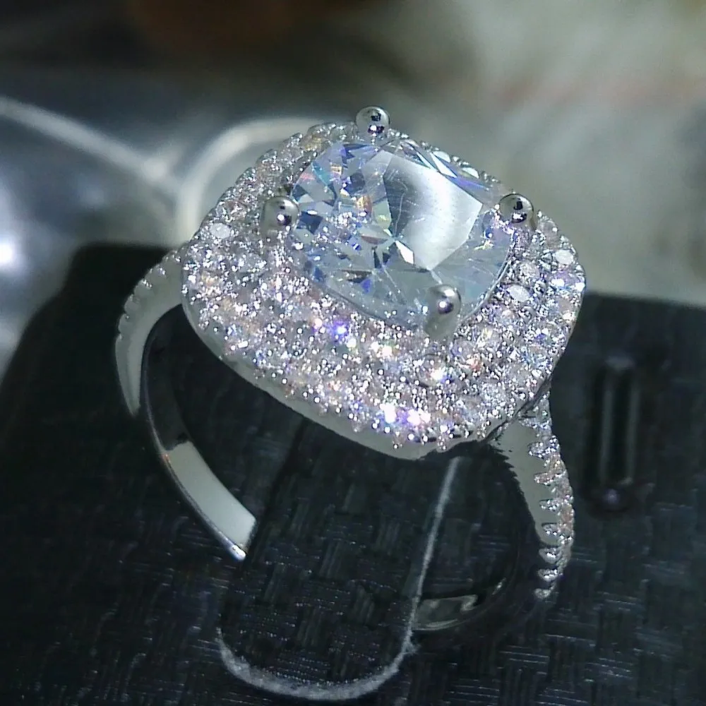 2016 anel de moda novo estilo almofada 4ct 5A zircão pedra 925 anel de noivado de prata esterlina anel de casamento para as mulheres Sz 5-10