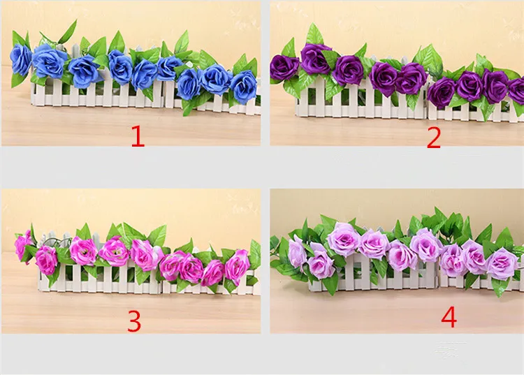 50PCS DHL Gratis 245cm Bröllopsdekoration Konstgjord Fake Silk Rose Flower Vine Hängande Garland Bröllop Hem Dekorativa Blommor Kransar