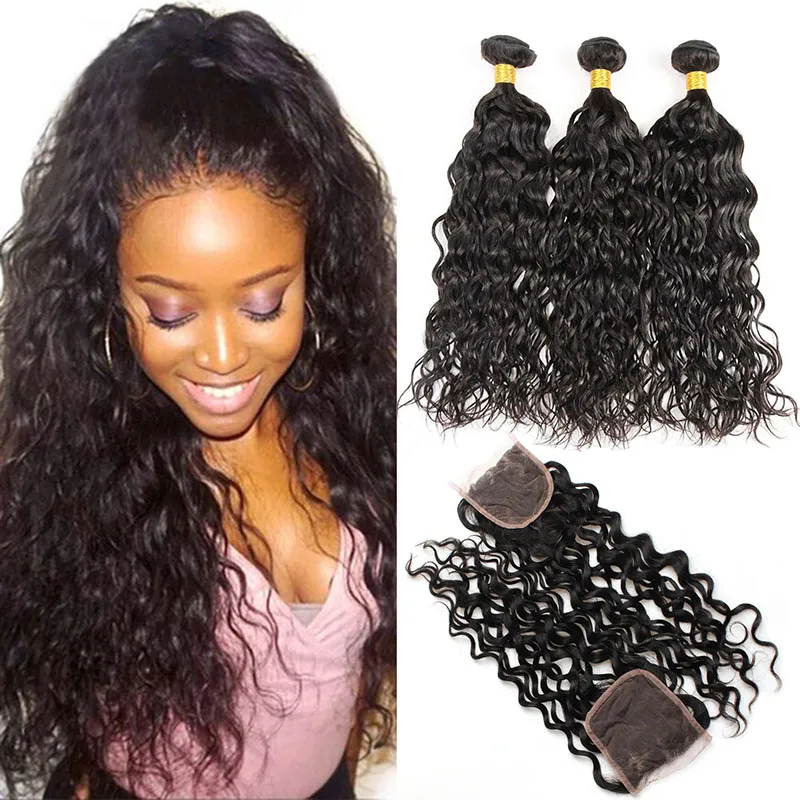 Bundles de vague d'eau de cheveux humains malaisiens avec fermeture à lacet 4X4 4 pièces / lot trames de cheveux vierges humides et ondulés avec fermetures