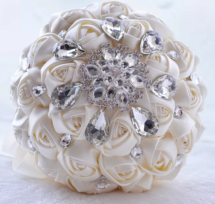 Elegant Cream Wedding Bouquets 2020 With Sparkly Crystal Beaded Rhinestones Silk Rose Flowers