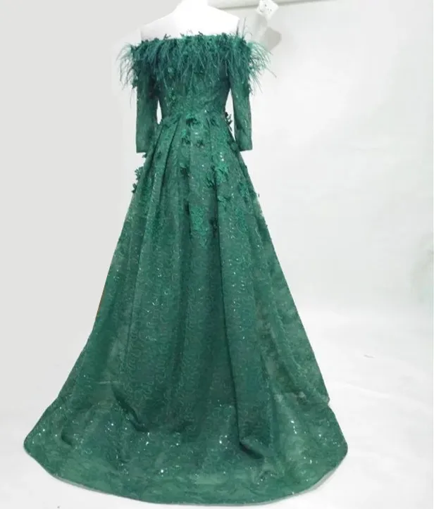 emerald green feather dress Miss Circle Women Perrin Emerald Green Feather Dress High Slit Gown main image 1
