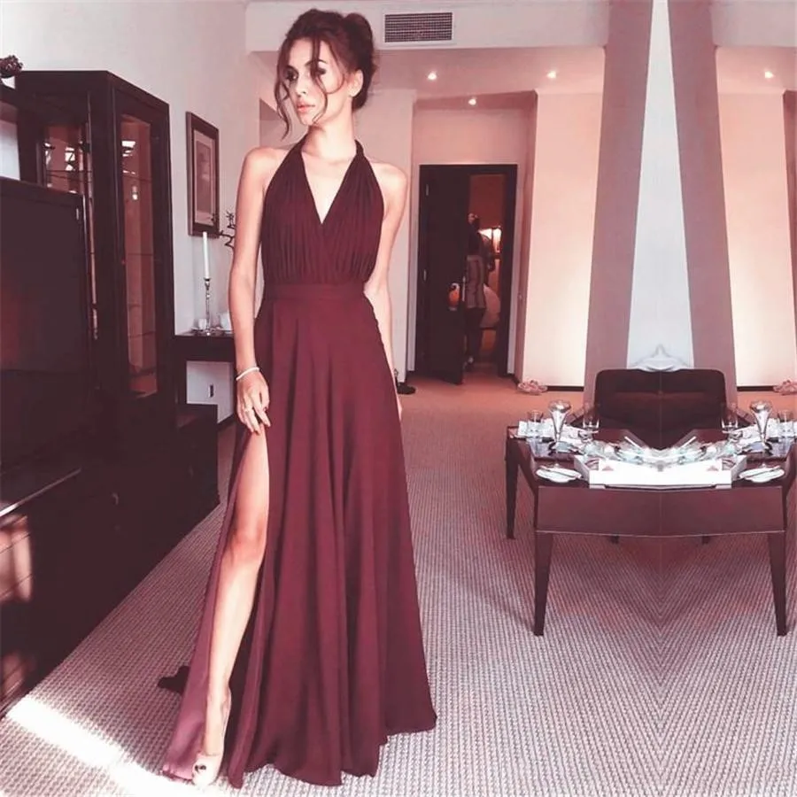 Sexy Split Burgundy Evening Gowns Halter V Neck Long Bridesmaid Dresses A Line Chiffon Long party dresses Prom Gowns High Slit Customize