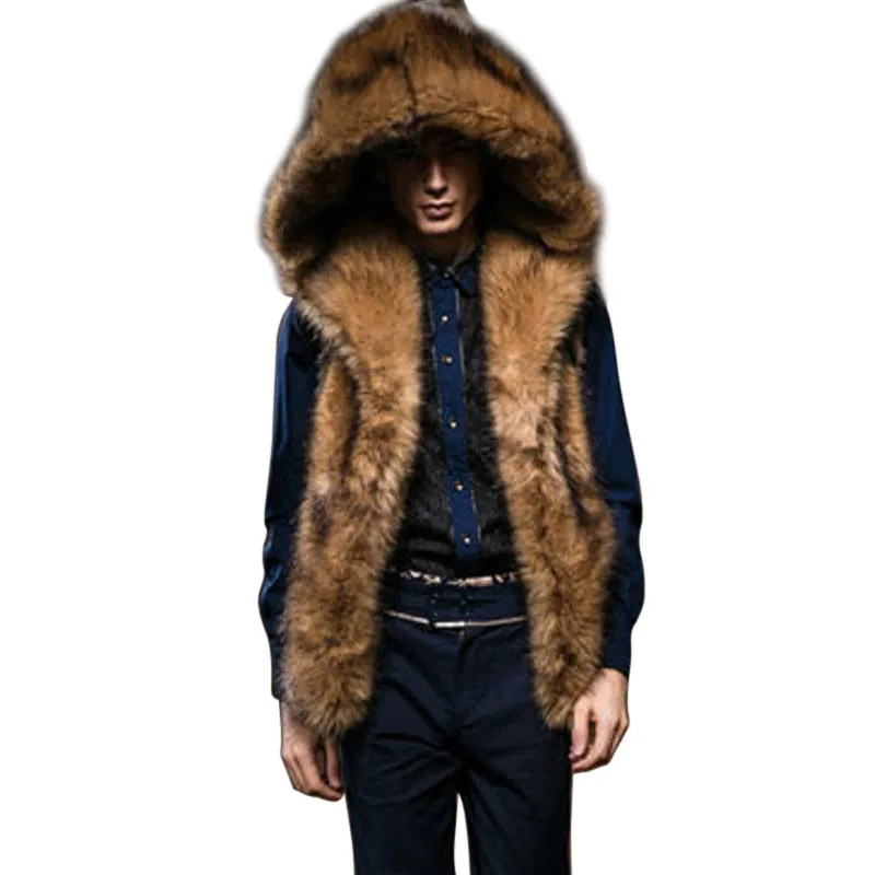 Vinter Hooded Faux Fur Vest Men Ärmlös Hårig Tjockad Varm Jacka OuterWear Coat Male Plus Storlek S-3XL Waistcoat