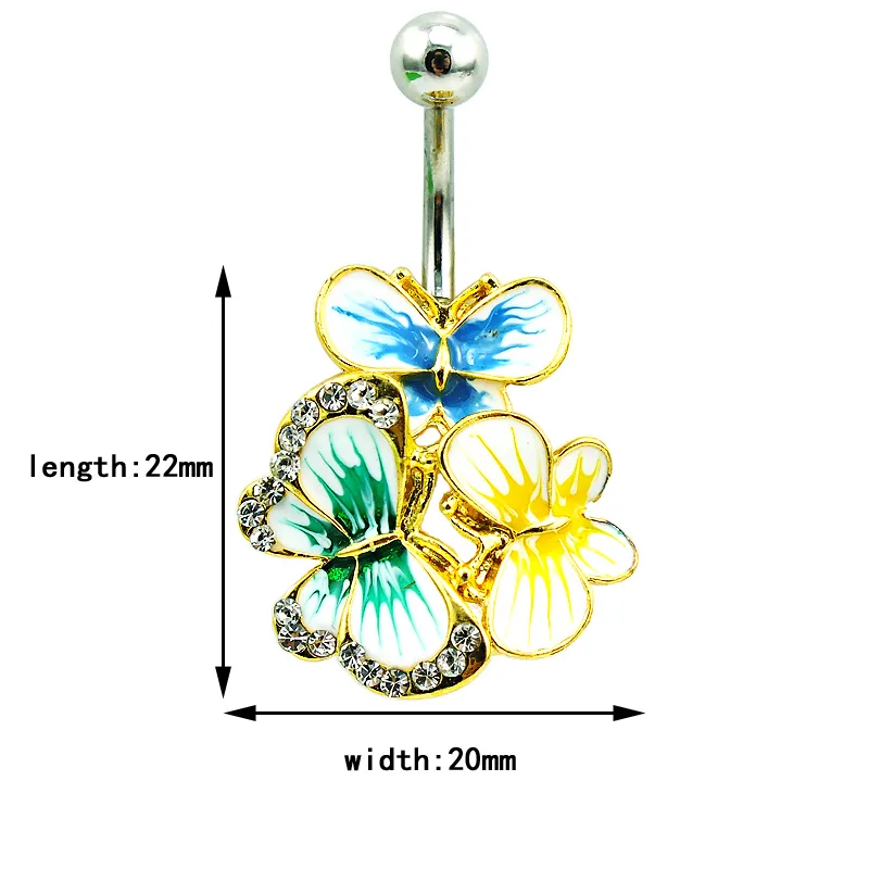 Mode Belly Button Rings rostfritt stål Skivstång White Rhinestone Multicolor Emamel Butterfly Navel Rings Body Piercing Jewelry2910035