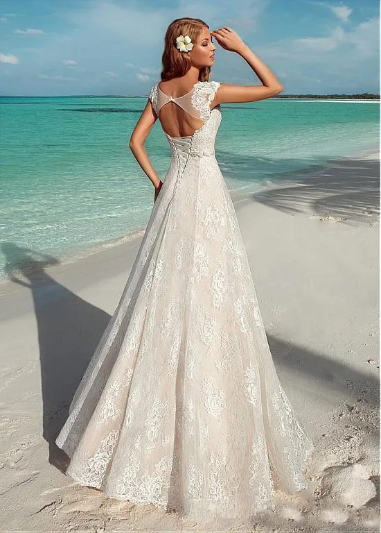 Elegant Summer Beach Wedding Gowns Vintage Full Lace Cap Sleeve Sexy Open Back Lace Up Bridal Dress Custom Made