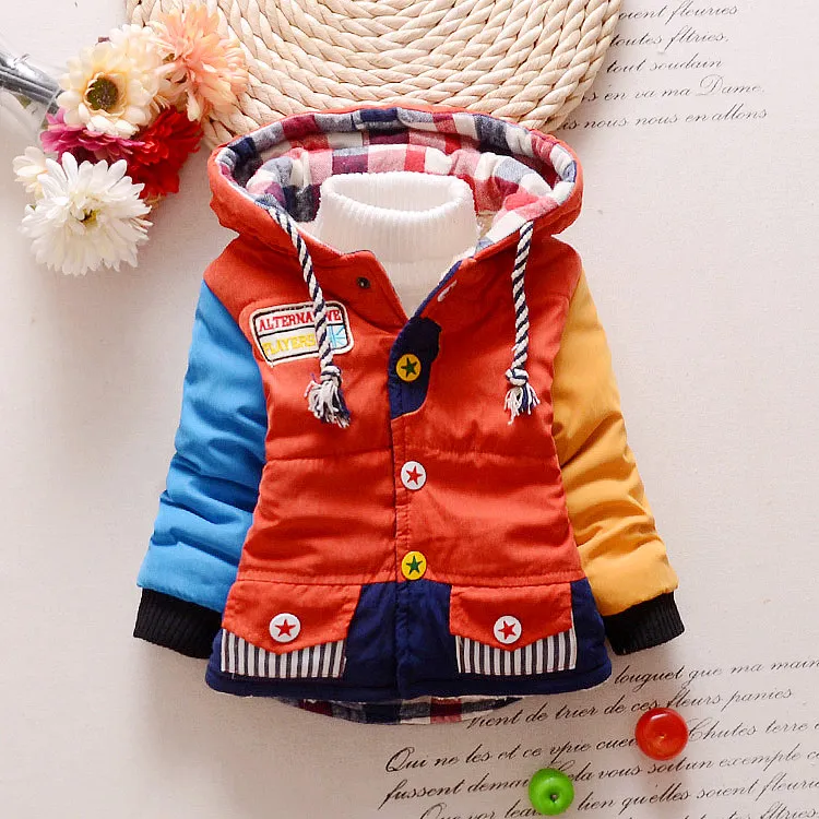 2016 Children clothes Toddler Coat Boys winter longsleeved warm jackets Color matching Thick Outerwear hooded2519194