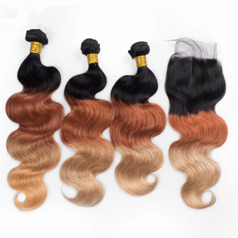 # 1B / 33/27 Mel Loira Ombre 4x4 Lace Encerramento com Tece Extensões de Três Tons Coloridos Virgem Onda Do Corpo Peruano Feixes de Cabelo Humano