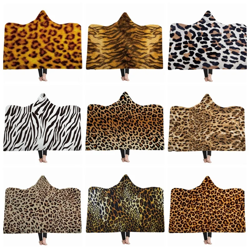 Leopard hooded filt tiger mönster fleece filtar barn kasta filt vinter soffa sängkläder levererar julklapp 12 mönster 30pcs yw1719