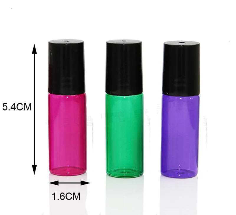 5 ml Rolo em Garrafa De Vidro com Vidro Rolo De Metal Bola Recarregável Rolo de vidro Frascos para Perfume Óleos Essenciais Rosa Azul Verde Roxo