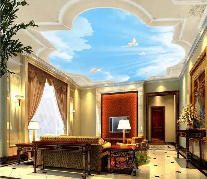 3D 천장 사용자 정의 푸른 하늘, 흰 구름, 비둘기 벽지 3d stereoscopic non-woven hd 3d ceiling