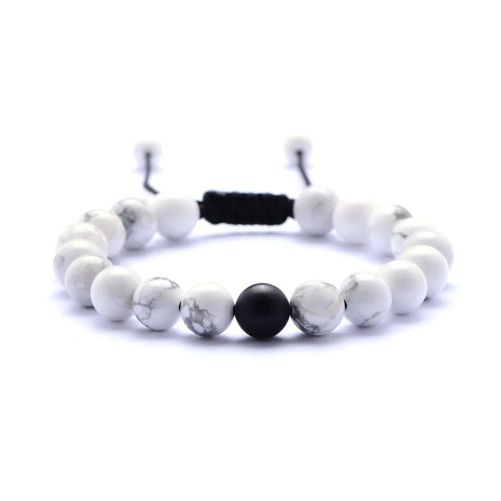 Lava Pulseiras De Pedra Frisado Tecelagem Preto Ágata Pedra Branca Pulseira de Pedra Natural Pulseira Para As Mulheres Moda Jóias Artesanato 8 MM de Contas