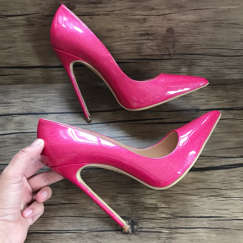 Gratis frakt äkta foto luxura äkta läder glitter peach patent äkta äkta läder söt dam flicka högklackat skor pump storlek 43