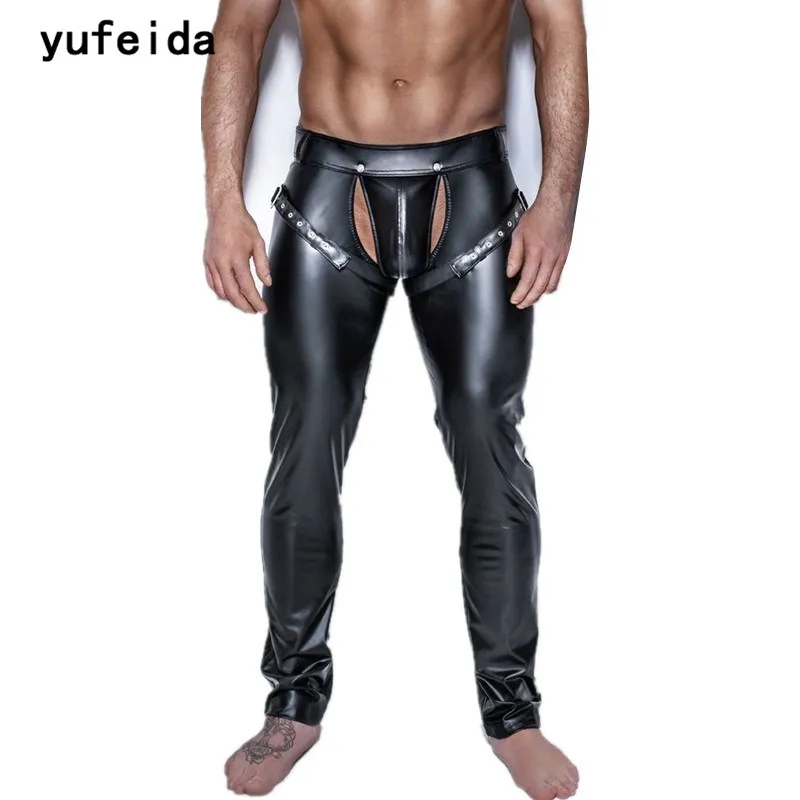 YUFEIDA Moda Erkekler PU Faux Deri Gotik Pürüzsüz Ikle Bak Catsuit Kulübü Gece Chram Streç Tayt Erkekler Seksi Clubwear Bodywear