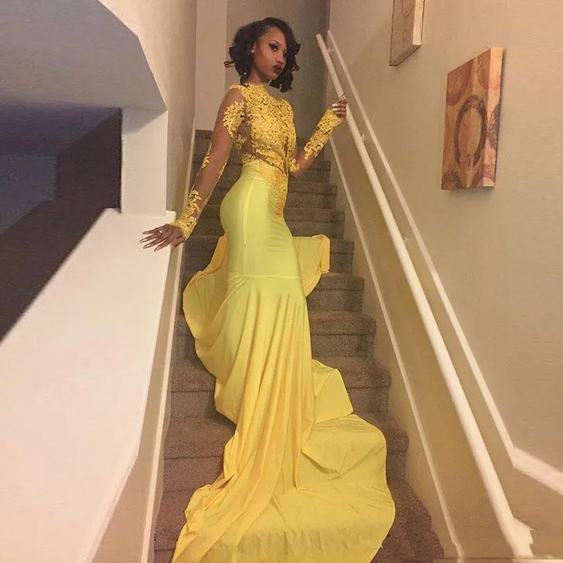 2018 Muito Amarelo Africano Lace Appliqued Vestido de Baile Sereia Manga Comprida Banquete Vestido de Festa À Noite Custom Made Plus Size Sul Africano