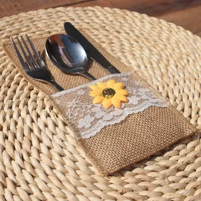 Wholesale Burlap Silverware Napkin Holders with Rustic Sunflower and Lace Cover,Cutlery Pouch for Vintage Wedding Table Decor or Shower