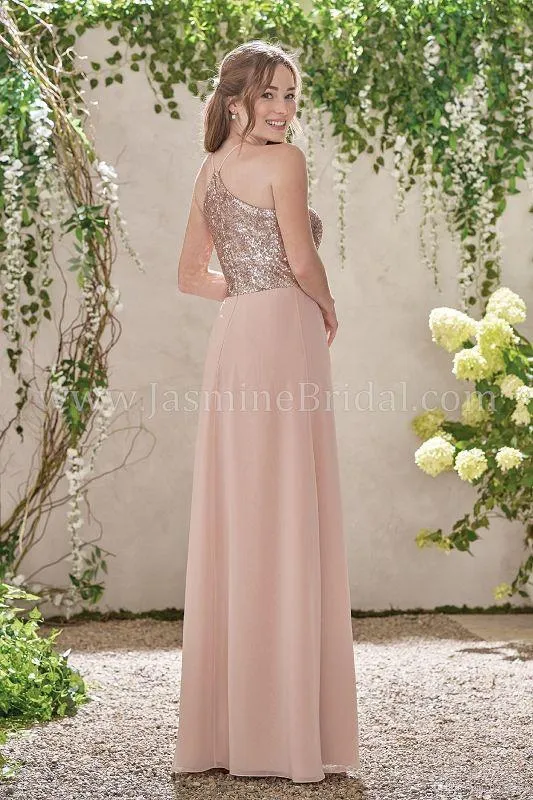 스파클리 로즈 골드 스팽글 신부 들러리 드레스 긴 쉬폰 홀터넥 라인 스트랩 프릴 진주 핑크 명예 웨딩 게스트 드레스의 하녀