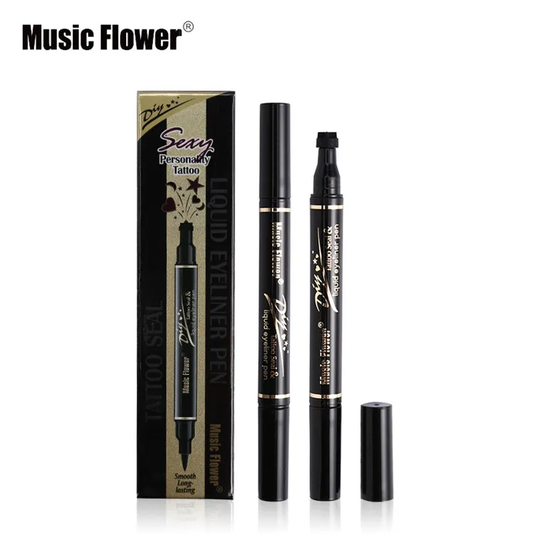 Music Flower Black Liquid Eyeliner + Tatto Seal Stamp 2 in 1 Waterproof Eye Liner Pencil Highlighter maquiagem