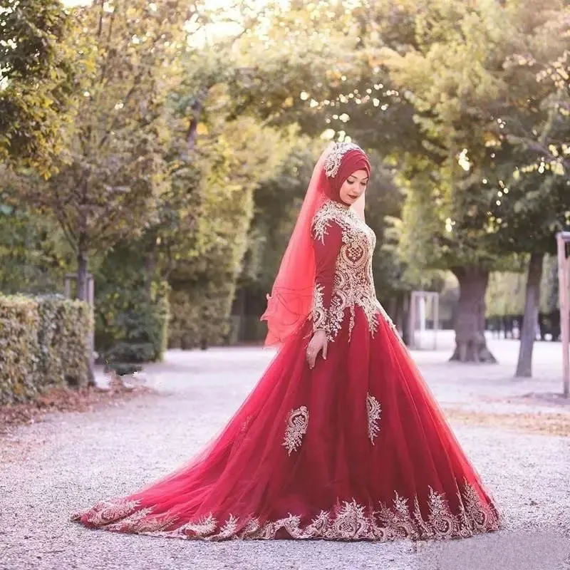 red and gold muslim wedding dress