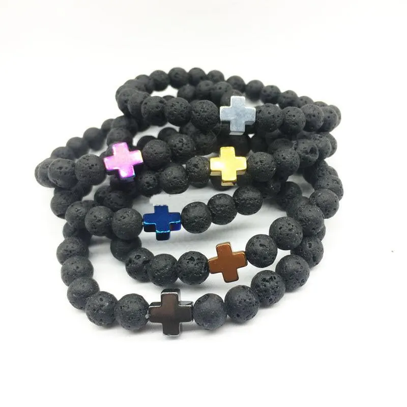 Bracciale in pietra lavica nera da uomo con croce in ematite da 8 mm Bracciale con diffusore di oli essenziali aromaterapia fai-da-te Gioielli da donna