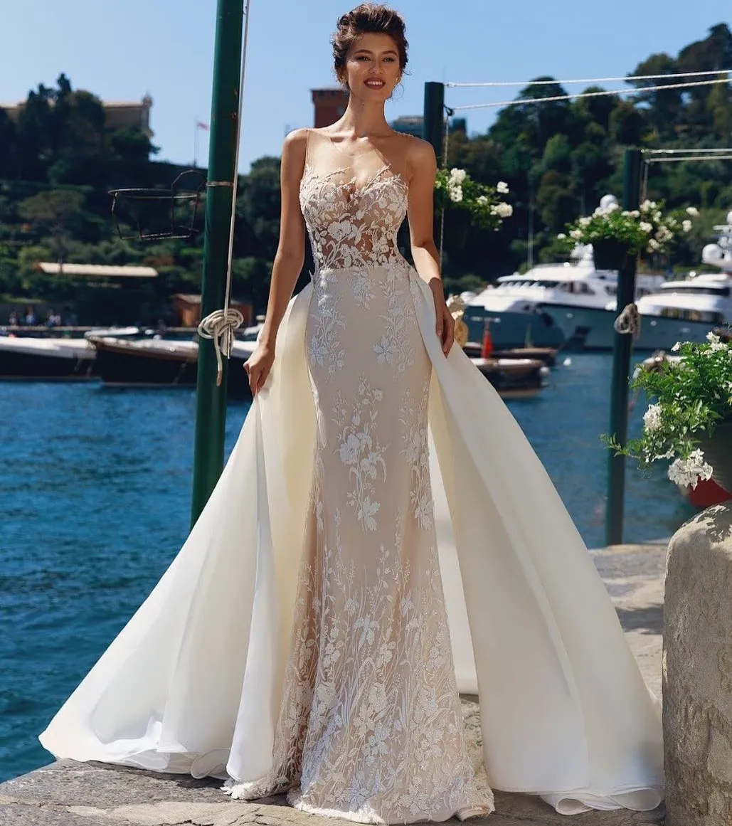 Robes de mariée sirène en dentelle attrayante perlée pure bijou cou plage robes de mariée avec jupe détachable grande taille tulle robe de novia