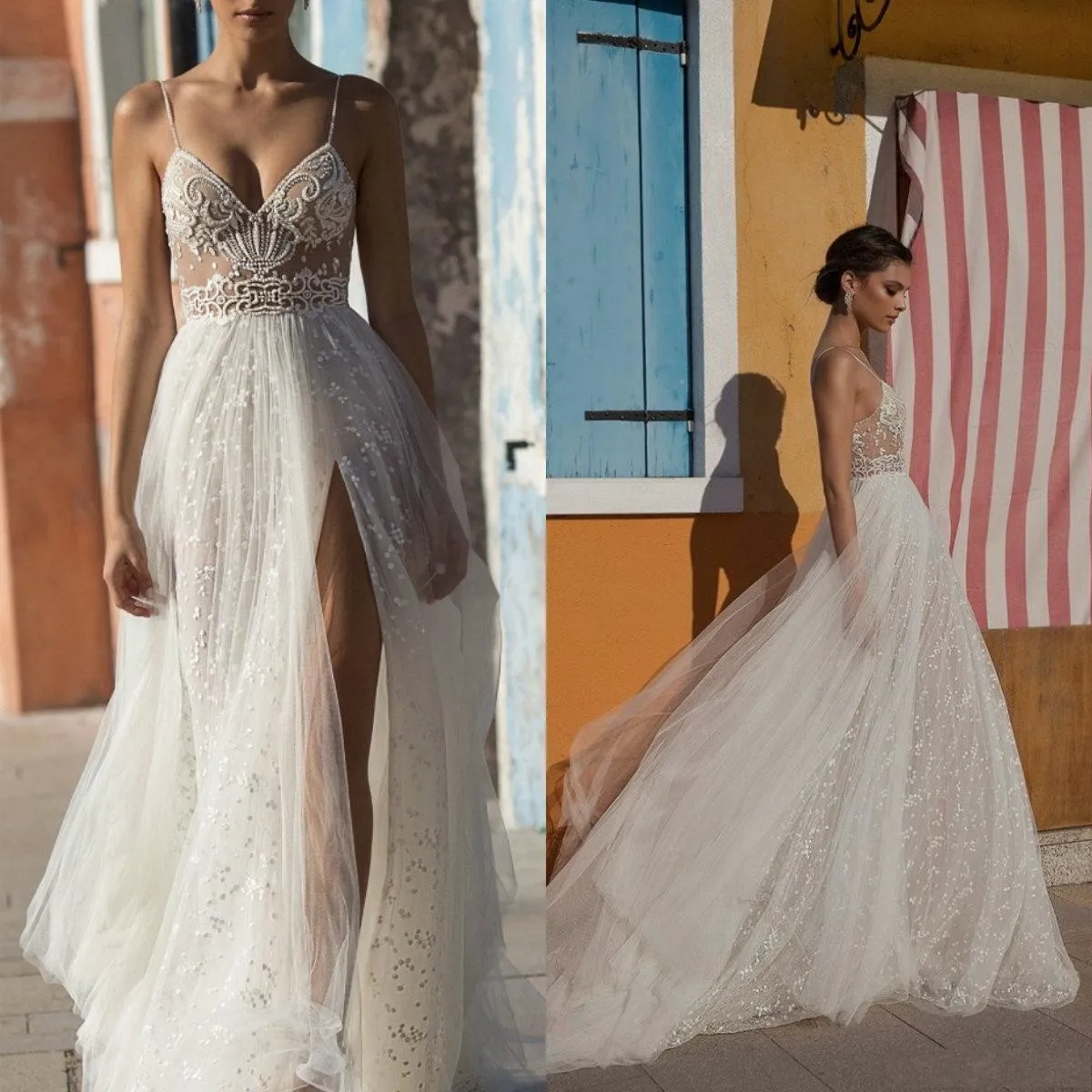 Abiti da sposa da spiaggia Side Split Spaghetti Illusion Abiti da sposa sexy Boho Sweep Train Perle Backless per la sposa boema