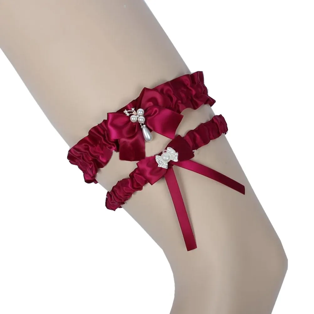 Burgundy Bridal Leg Garters Prom 가터 훈장 신부 웨딩 가터 벨트 2 개 세트 새틴 리본 보우 크리스탈 진주 무료 사이즈 17-21 inches