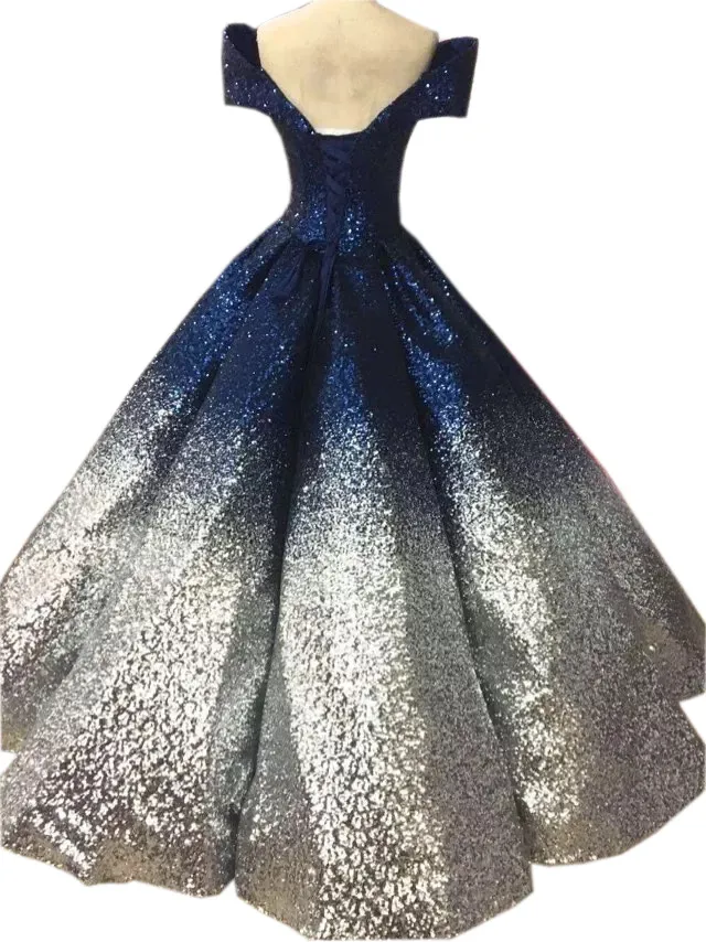 Robe de bal à paillettes de luxe col en V 2018 robe de bal dégradé ombré avec capuchon manches courtes sur l'épaule robe de soirée froncée