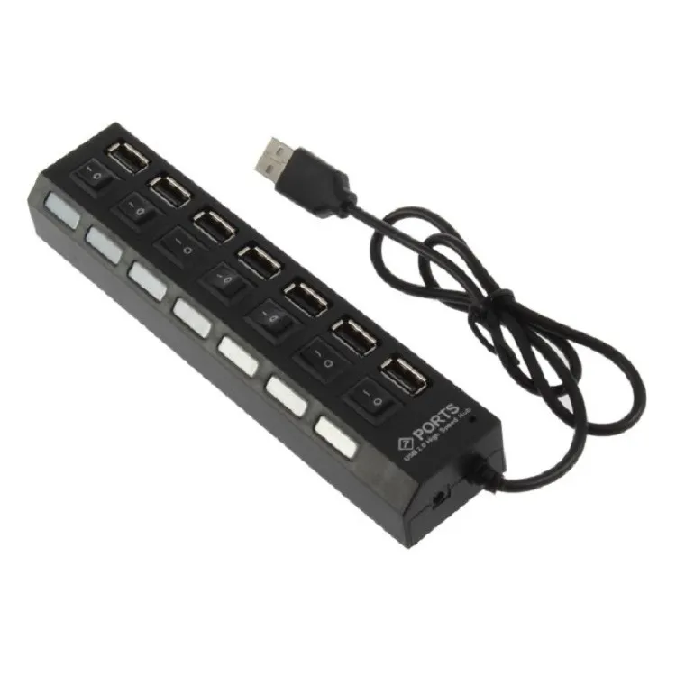 USB 2.0 HUB Power Strip 7 Ports Socket LED Light UP Concentrator with Switch AC Adapter for Mouse keyboard Charger PC Desktop Laptop Tablet