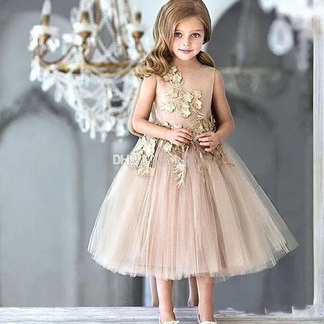 2018 Kızlar Pageant Elbiseler Prenses Tül Çay Boyu Dantel Aplikler Altın Şampanya Çocuklar Çiçek Kız Elbise Balo Ucuz Doğum Günü Abiye