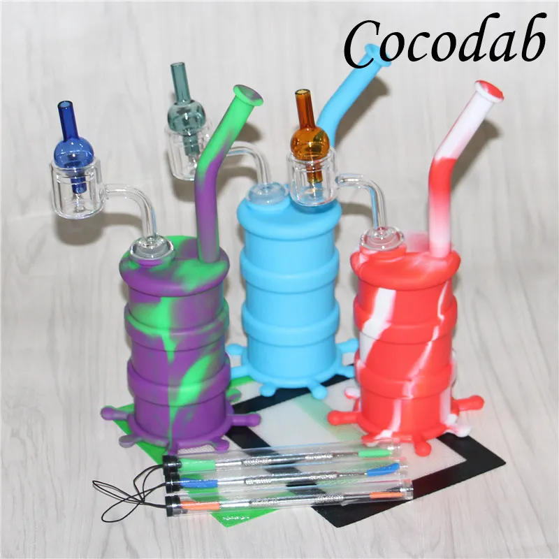 Cachimbas Mini Silicon Rig Dab Tubería de agua Oil Drum Rigs tuberías de agua de silicona burbujeador bong + esteras de silicona dabber herramienta térmica 4 mm cuarzo banger