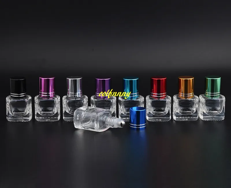 5 ML carré transparent verre rouleau sur bouteille avec rouleau en acier inoxydable boule vide bouteilles d'huile essentielle 9 couleurs