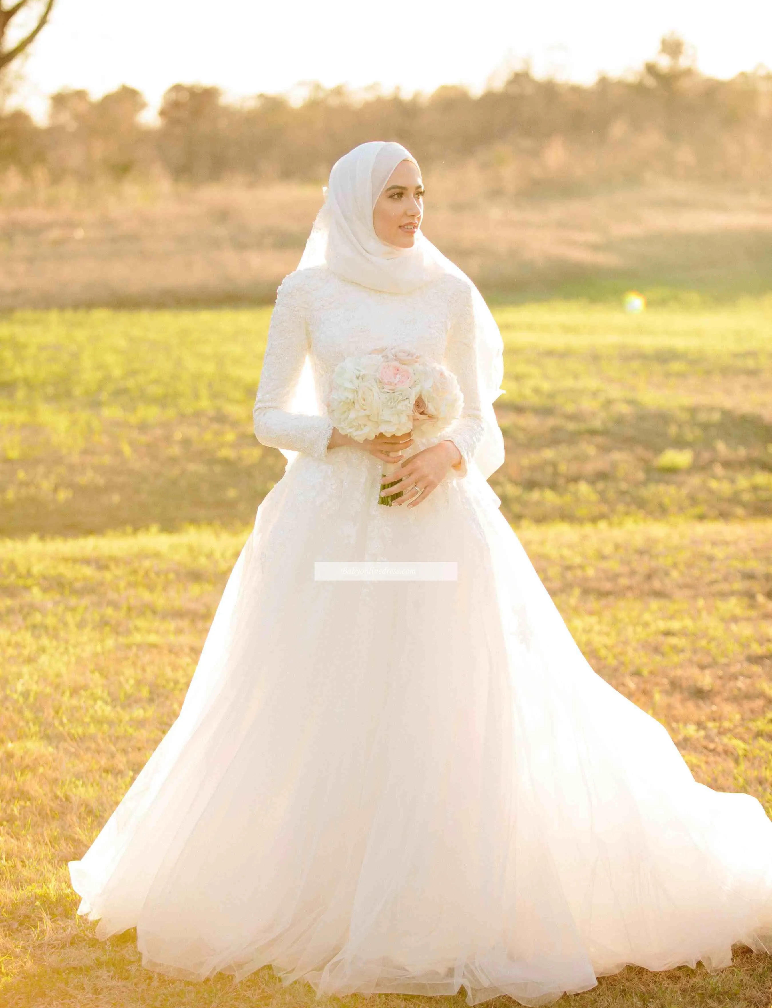 Custom Made Arabic Muslim Wedding Dress With High Neck Rayon Tulle And Long Sleeves Perfect