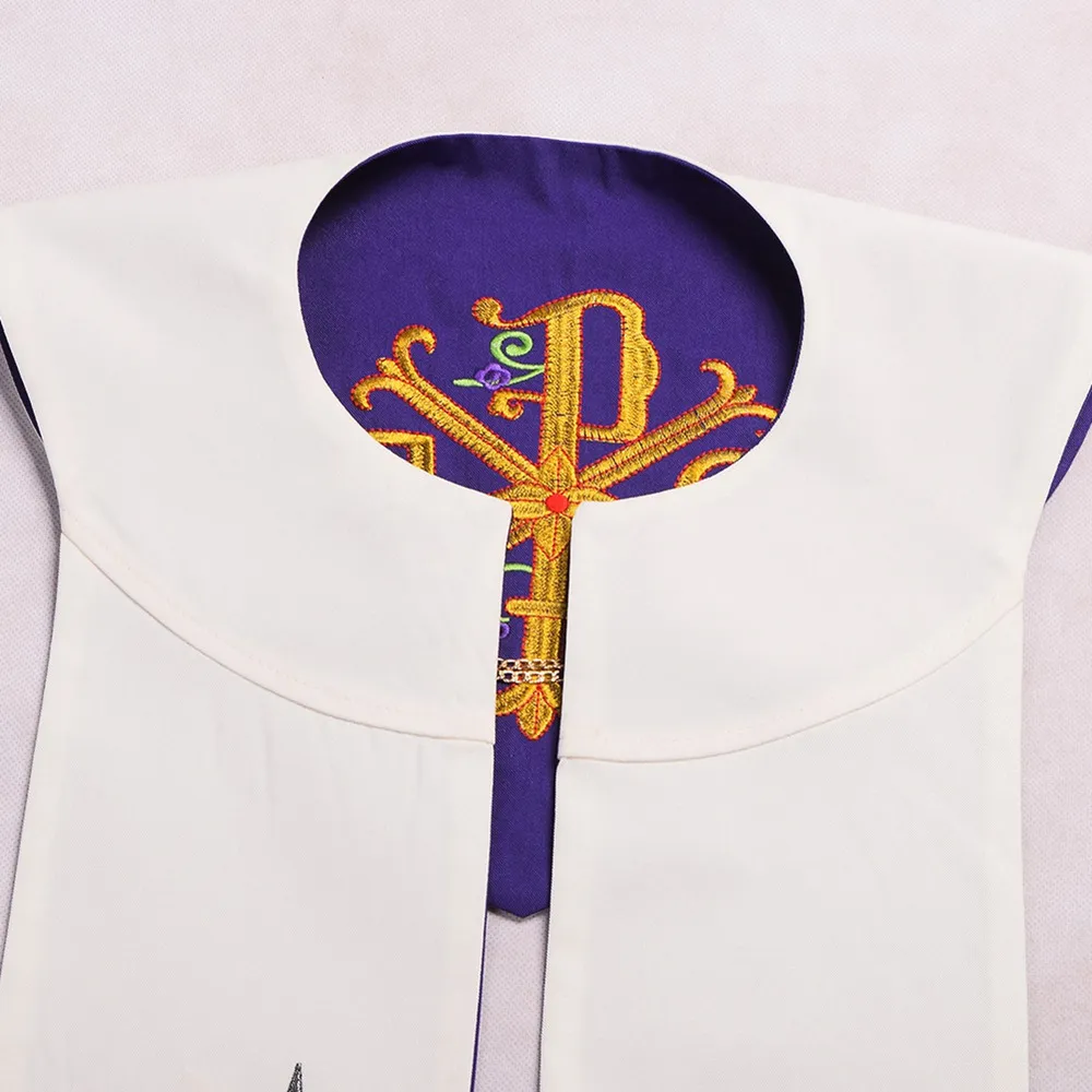 Estola de sacerdote Accesorios de disfraz de pastor Bufanda de iglesia Religiones Estolas reversibles para vestimentas Casulla bordada Clero PúrpuraBlanco