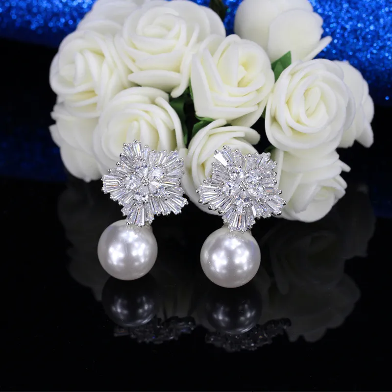 DJMACC Top Quality Pearl Earring Not Allergic 925 Silver Needle Luxury Snowflake Zircon Wedding Stud Earring For WomenDJ0174