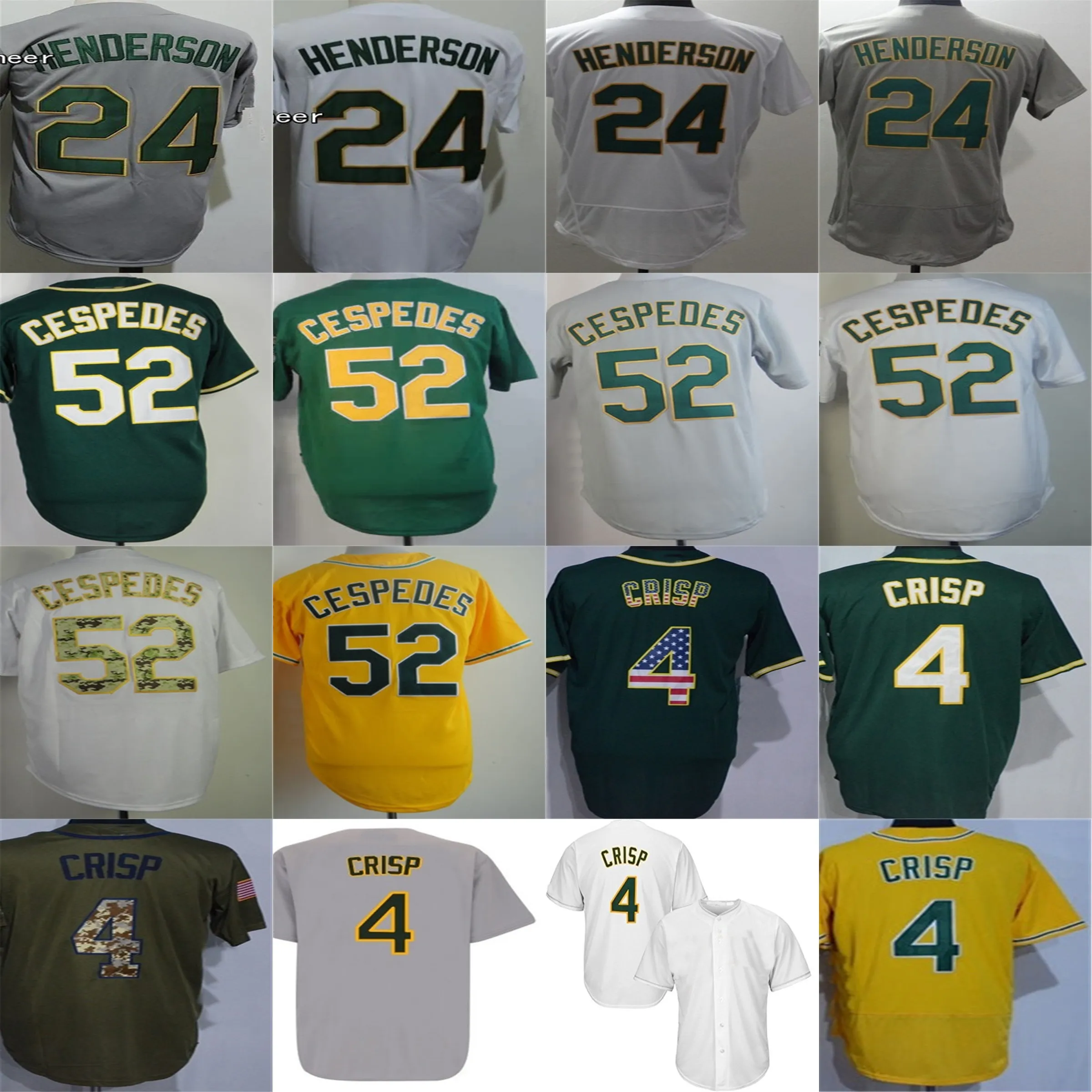 2016 Mens Womens Kids #4 Coco Crisp 24 Ricky Henderson 52 Yoenis Cespedes 회색 흰색 노란색 녹색 야구 유니폼