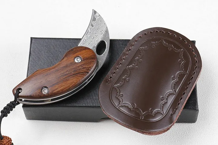 Couteau pliant de poche EDC, lame en acier damas, manche en bois, couteaux de poche, couteaux cadeaux avec gaine en cuir