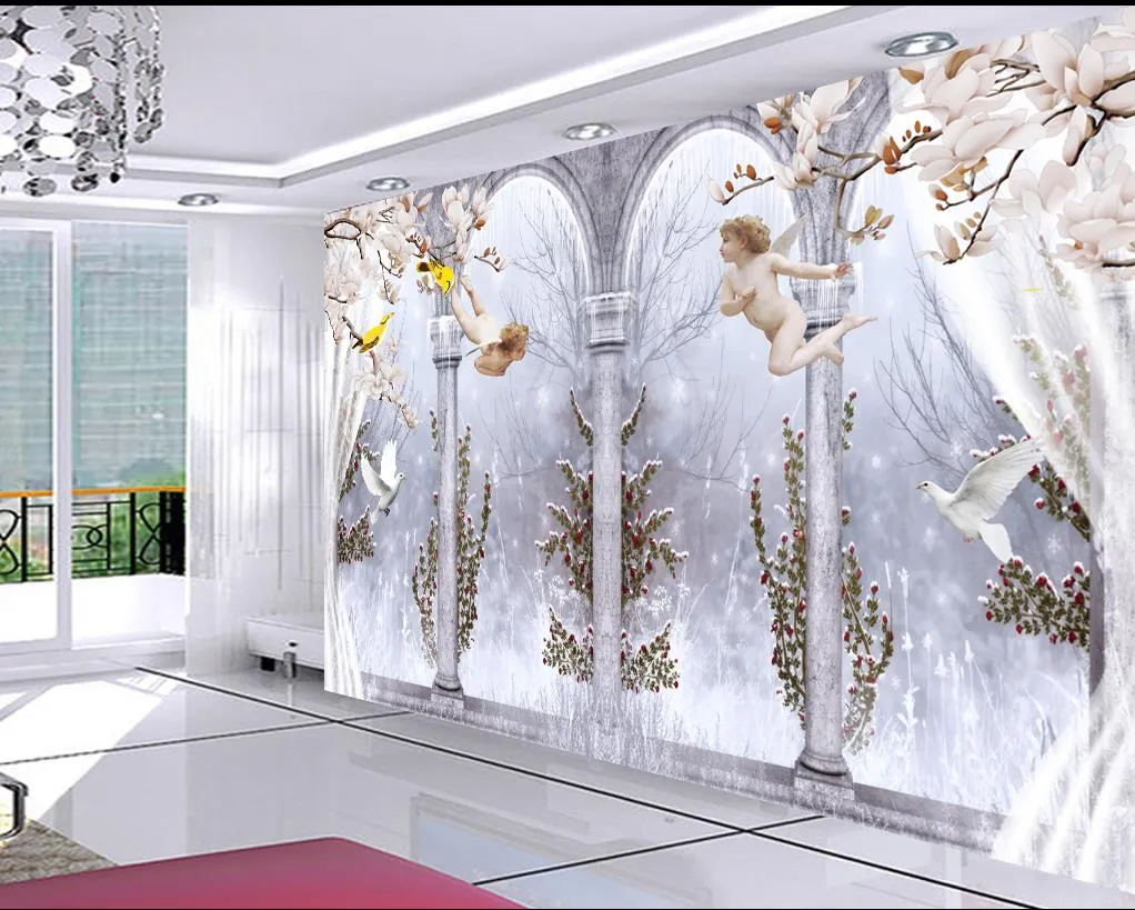 Оптовая продажа-пользовательские фото настенная роспись обои-нетканые обои элегантный ангел римская колонна голубь 3D ТВ фон стены комнаты обои