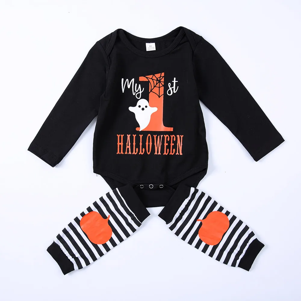 Il mio primo pagliaccetto per bambini di Halloween vestiti per bambini fantasma pagliaccetto nero zucca a strisce scaldamuscoli vestito a maniche lunghe tutine carine abbigliamento per bambini