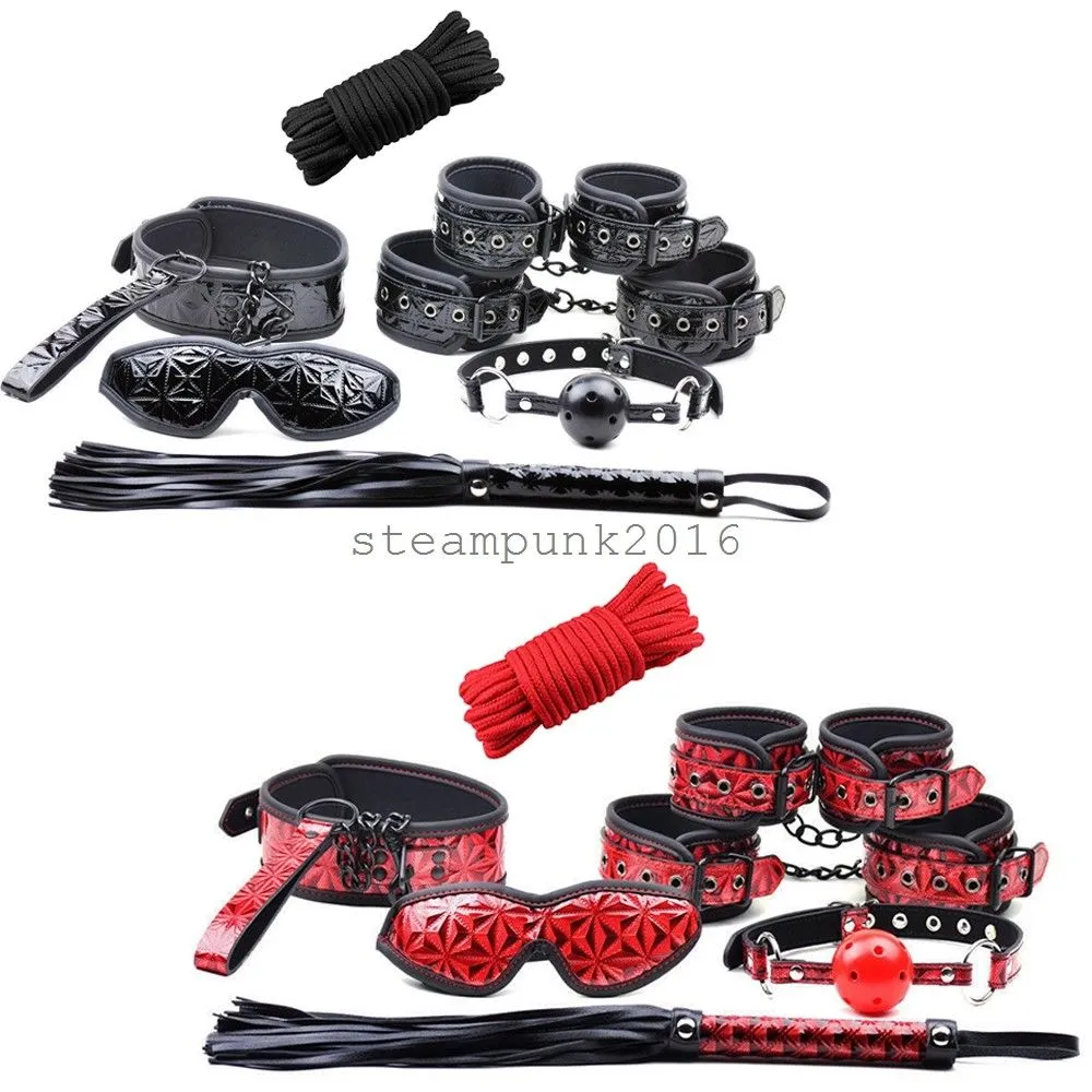 7 Pcs Bondage Red Embossed Beginners Kit PVC Whip Polsini Gag Collar Mask Restraints Set # G94