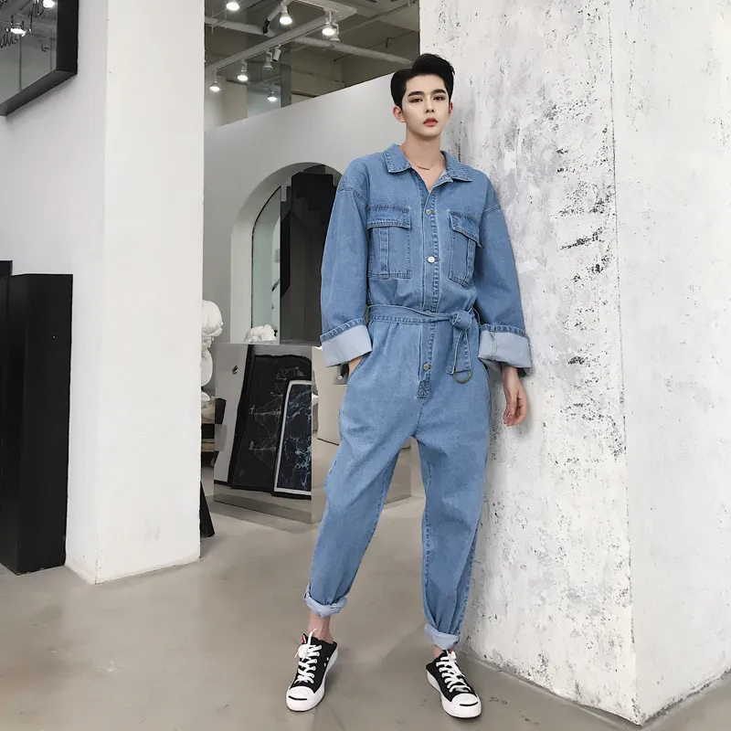 2018 Корейский ранний осень мужская мода прилив Восстановление древних способов тонкий ковбойский костюмы свободно случайный синий цвет сиамские брюки M-2XL