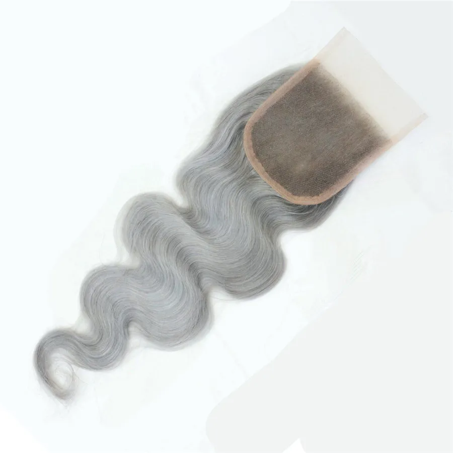 Бразильское переплетение человеческих волос с объемной волной, 3 пучка Серые пучки человеческих волос с застежкой Серебристо-серые девственные волосы 44 с закрытием сверху3614081