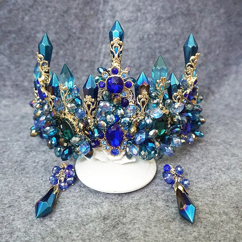 Vintage Bröllop Bridal Barock Blue Rhinestone Crystal Crown Tiara Headband Earring Smycken Set Luxury Headpiece Princess Hårtillbehör