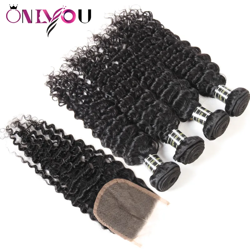 Nieuwe Collectie Maleisische Virgin Remy Haar Weave 4 Diepe Krullend Bundels met Sluiting Maleisische Diepe Golf Zijde Basis Sluiting Curl Hair Extensions