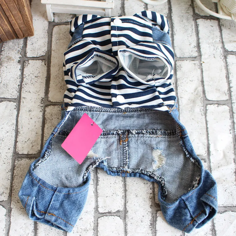 Mode fyra ben jeans hund kläder chihuahua husdjur cool vår jumpsuit randig jacka med denim overalls teddy jeans fritid sweatshirt