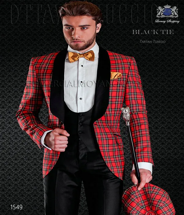 2018 Nowy Włoski Styl Specjalna okazja Garnitur Red Plaid Obiad Groom Wear Groomsmen Slim Fit Men Suits Wedding Suits Prom Party Tuxedos Oblubieniec