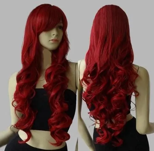 Długi Falisty Kostium Party Cosplay Wig Dark Red 80 cm Syntetyczne Włosy peruki