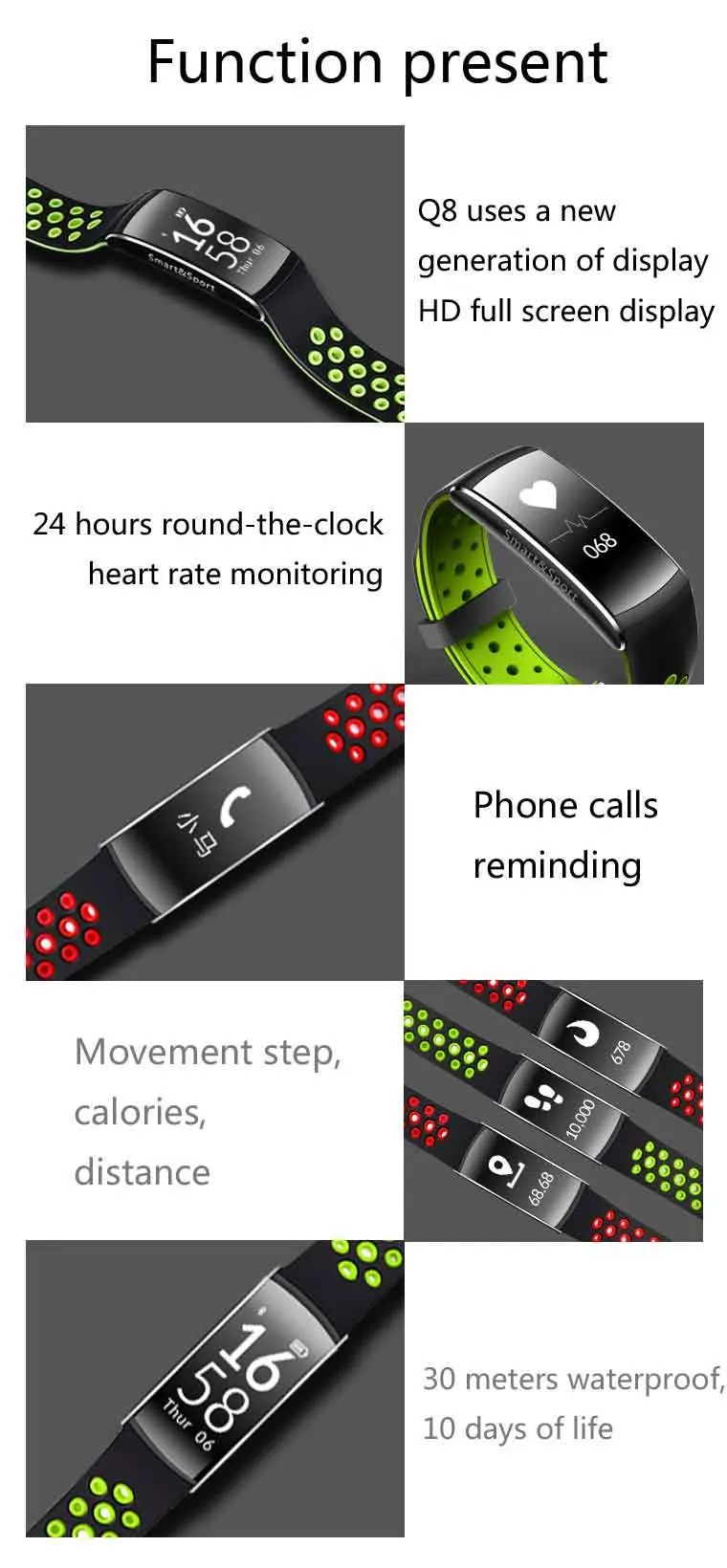 Q8 Fitness Tracker Smart Watch Blodtryck Hjärtfrekvens Sova Kamera Remote Oxygen Monitor Smart Wristband Armband för Andriod och iOS