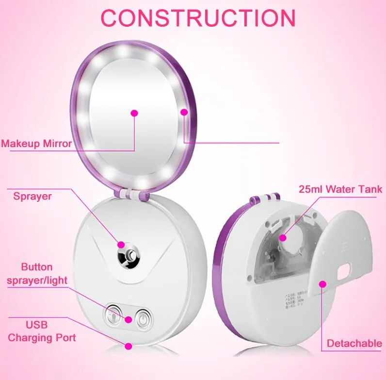 Multi Functional Portable Makeup Cosmetic Lights Mirror Nano Mist Sprayer Facial Body Steamer Moisturizing Face Power Bank