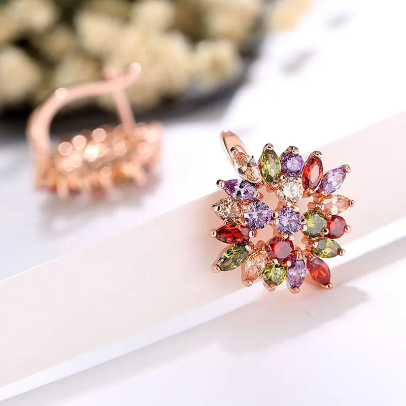 Vecalon nouveau Style de fleur multi couleurs 5A Zircon Cz or Rose rempli collier boucle d'oreille bague ensemble de bijoux pour les femmes