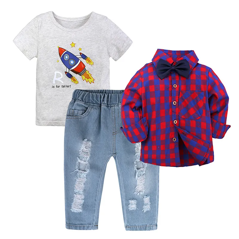 Erkek Giyim Setleri 3 adet Yaz Sonbahar T Gömlek + Tam Kollu Ekose Gömlek + Kot Çocuklar Suits Çocuk Kıyafetler Erkek Bebek Giysileri Beyefendi 2-7 T
